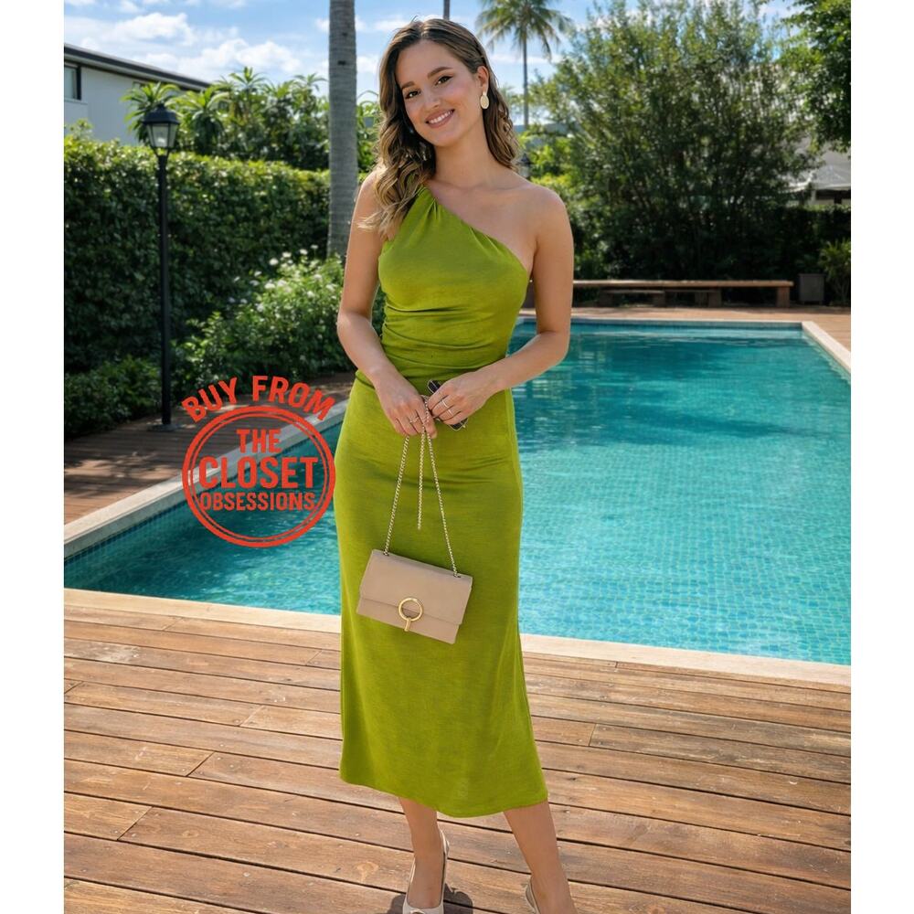 MANGO Green Asymmetrical Midi Dress NWT One Shoulder Wedding Guest Resort Dress - Picture 11 of 16